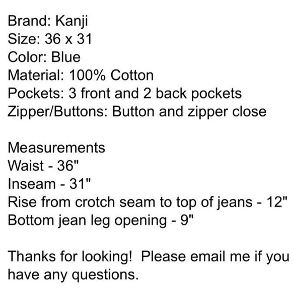 Kanji Collection Mens Blue Denim Streetwear Jeans Size 36x31 100% Cotton - Picture 10 of 10